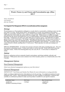 Biology Habitat Management Options Weeds: Poison Ivy and Poison Oak