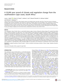 A 25,000 Year Record of Climate and Vegetation Change from the Southwestern Cape Coast, South Africa