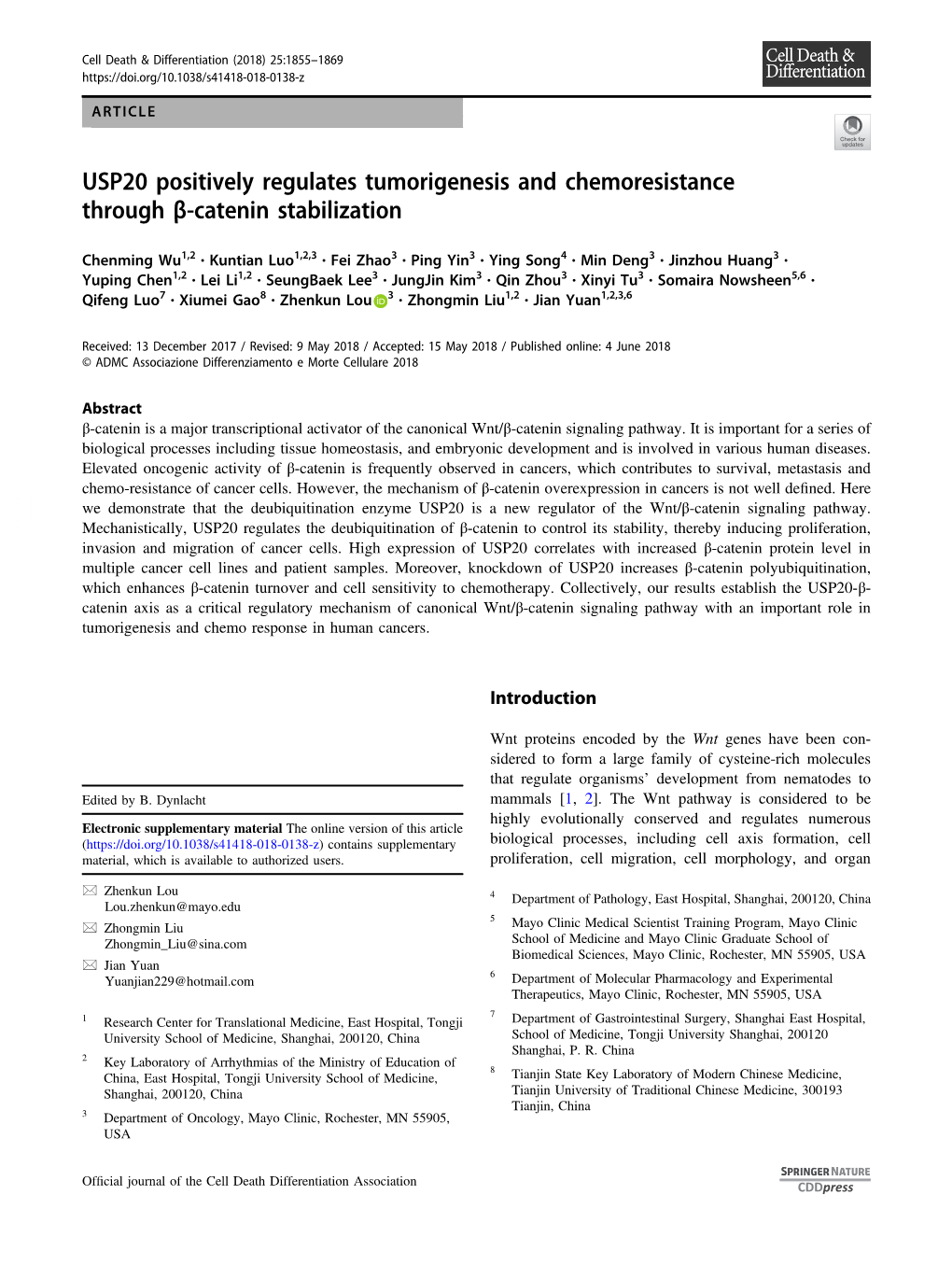 USP20 Positively Regulates Tumorigenesis and Chemoresistance Through Β-Catenin Stabilization