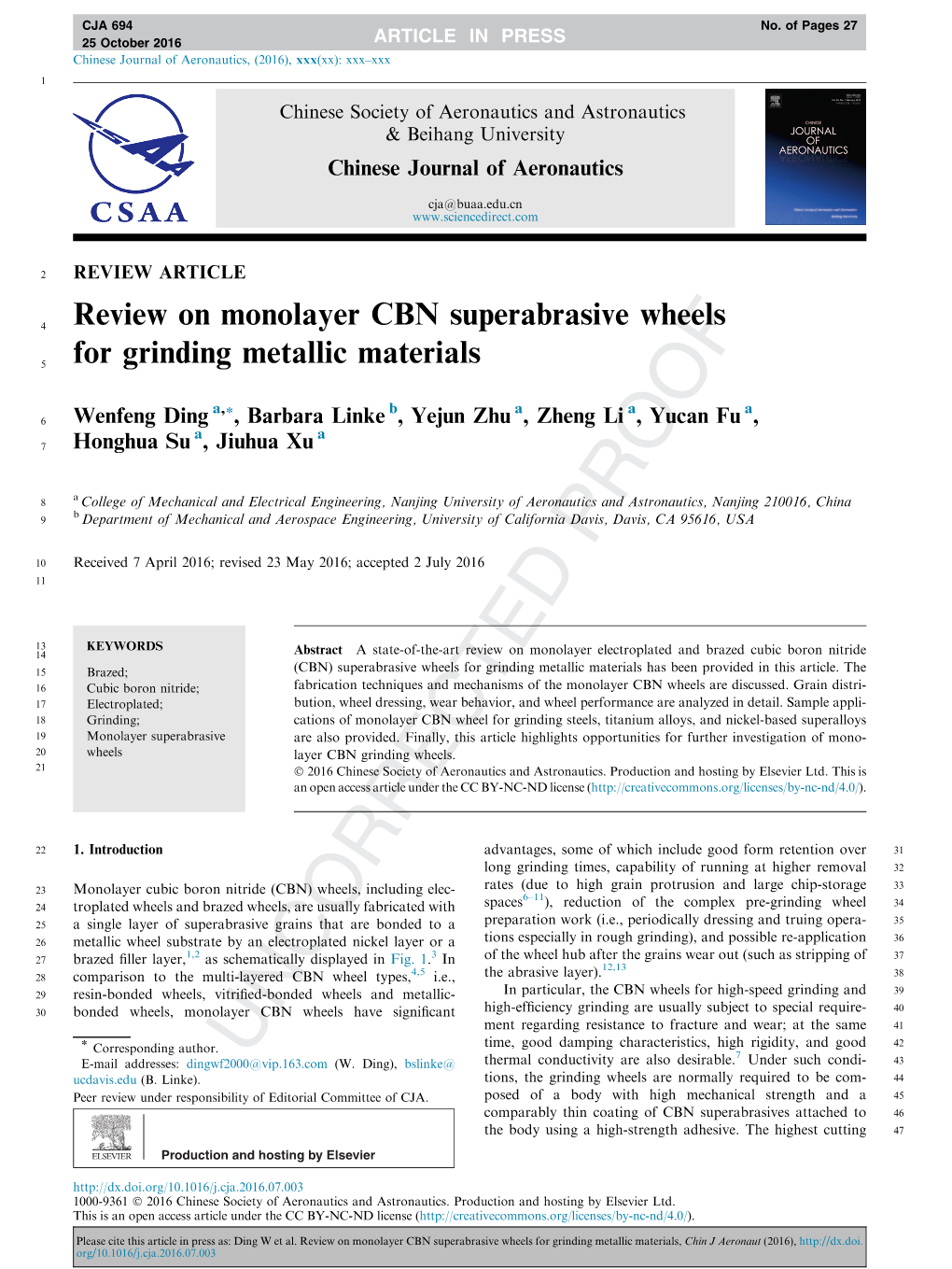 Review on Monolayer CBN Superabrasive Wheels for Grinding Metallic Materials, Chin J Aeronaut (2016)