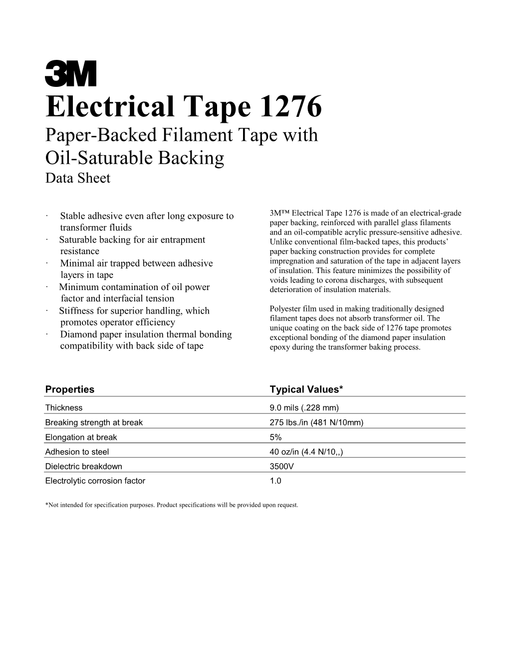 Electrical Tape 1276 Paper-Backed Filament Tape with Oil-Saturable Backing Data Sheet