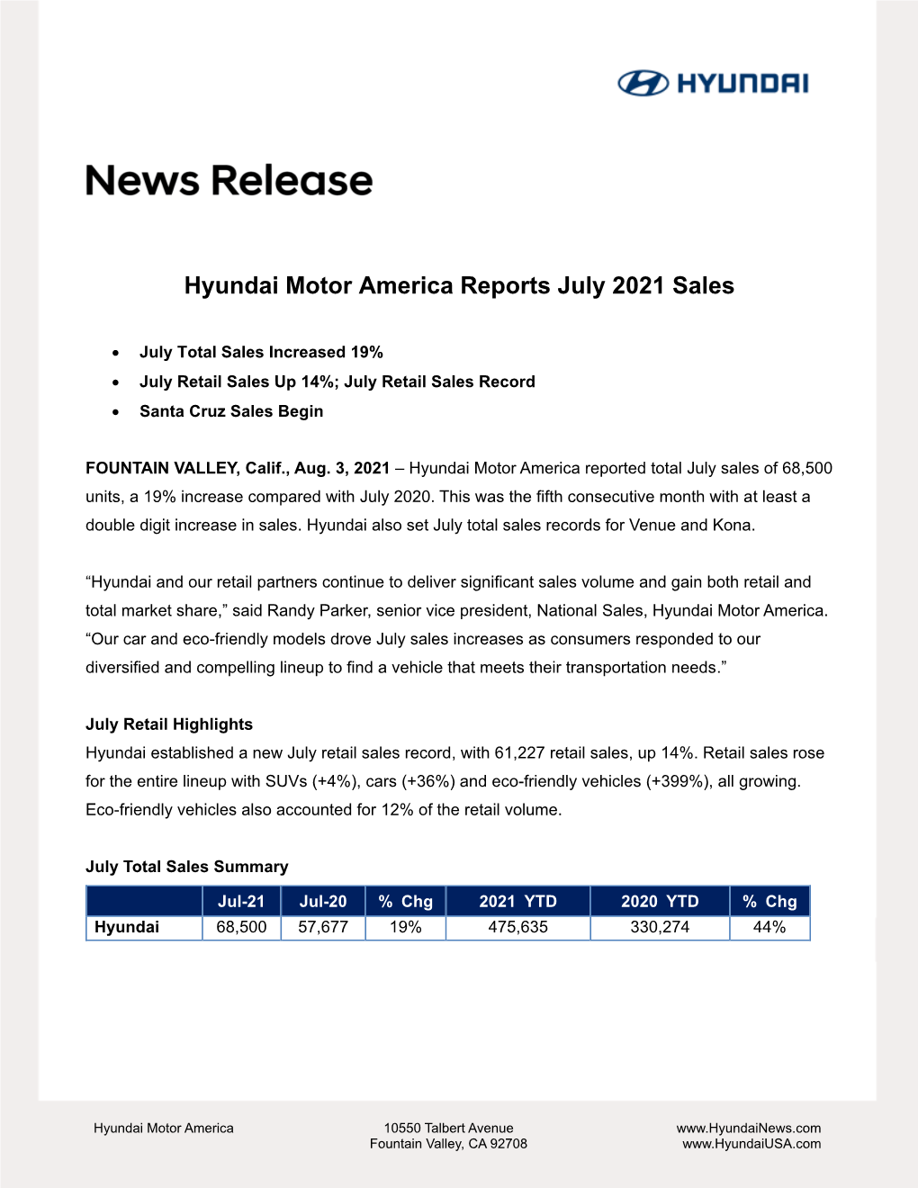 Hyundai Motor America Reports July 2021 Sales