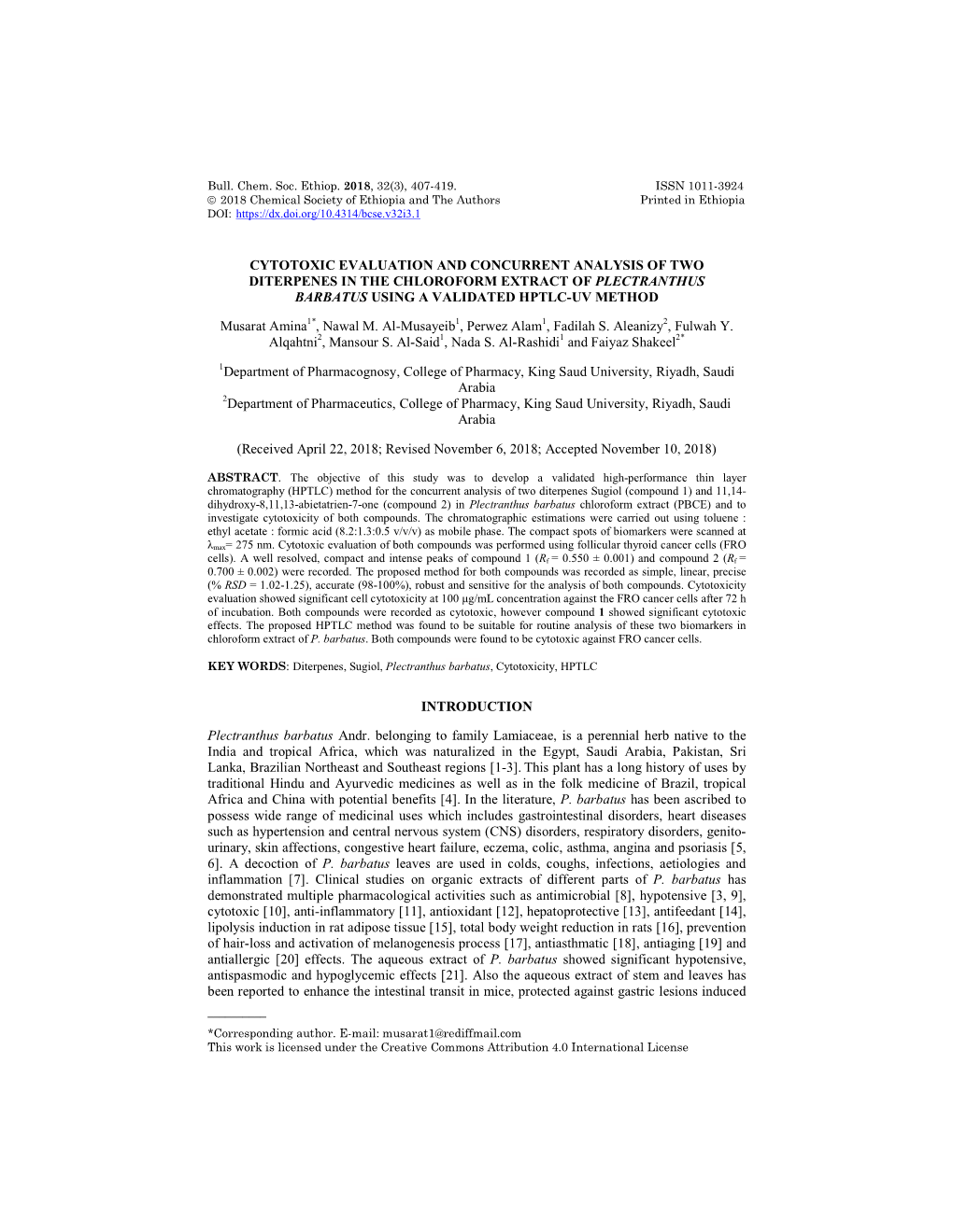 Cytotoxic Evaluation and Concurrent Analysis of Two Diterpenes in the Chloroform Extract of Plectranthus Barbatus Using a Validated Hptlc-Uv Method