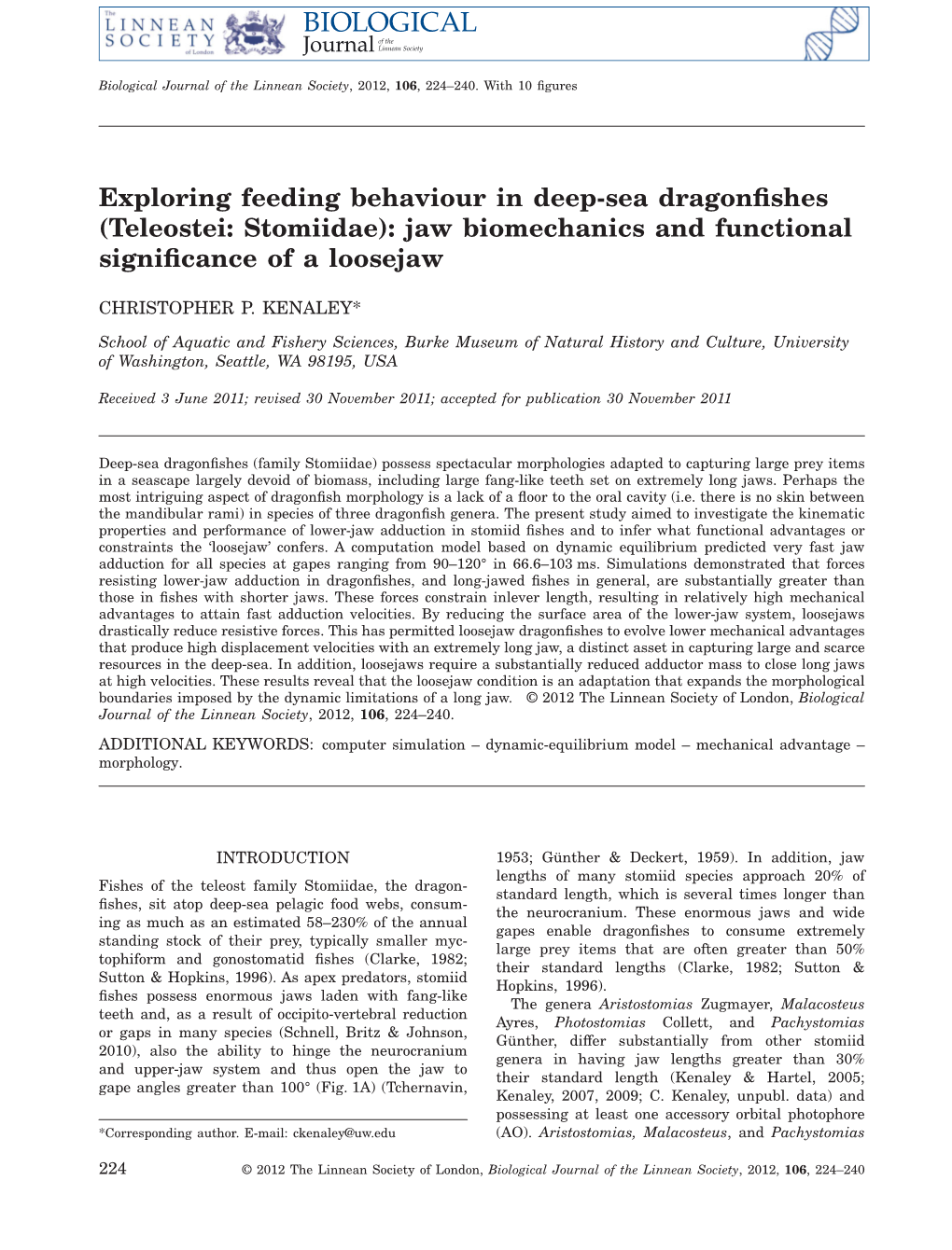 Exploring Feeding Behaviour in Deep-Sea Dragonﬁshes (Teleostei: Stomiidae): Jaw Biomechanics and Functional Signiﬁcance of a Loosejaw