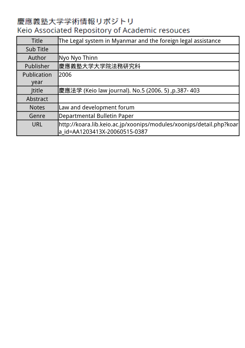 Title the Legal System in Myanmar and the Foreign Legal Assistance