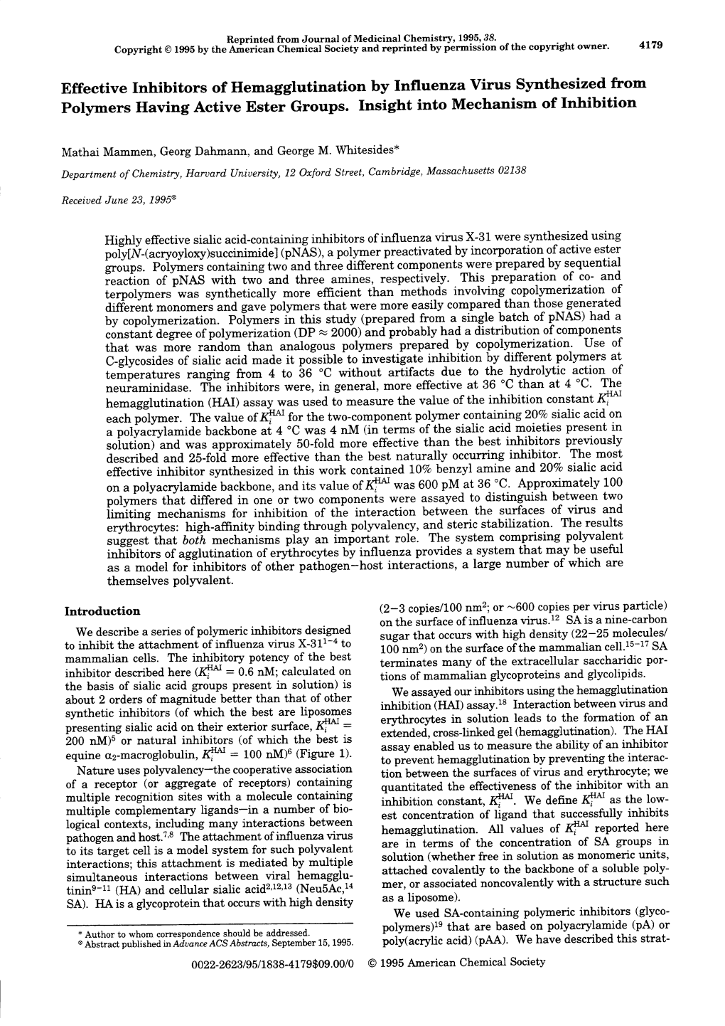 Effective Inhibitors of L{Emagglutination by Influenza Virus Synthesized Ftom Polymers Having Active Ester Groups