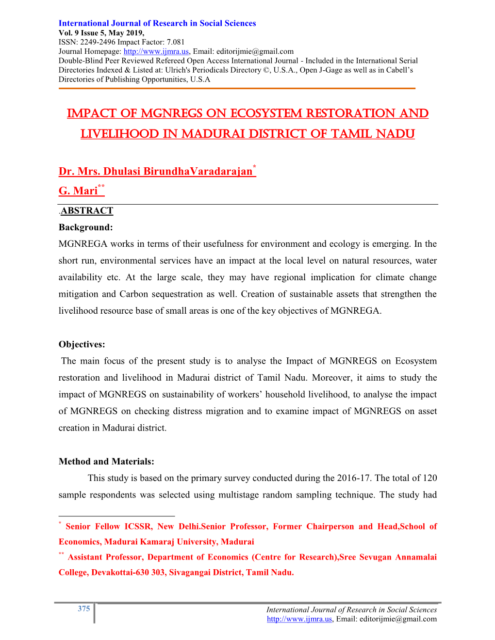 Impact of Mgnregs on Ecosystem Restoration and Livelihood in Madurai District of Tamil Nadu