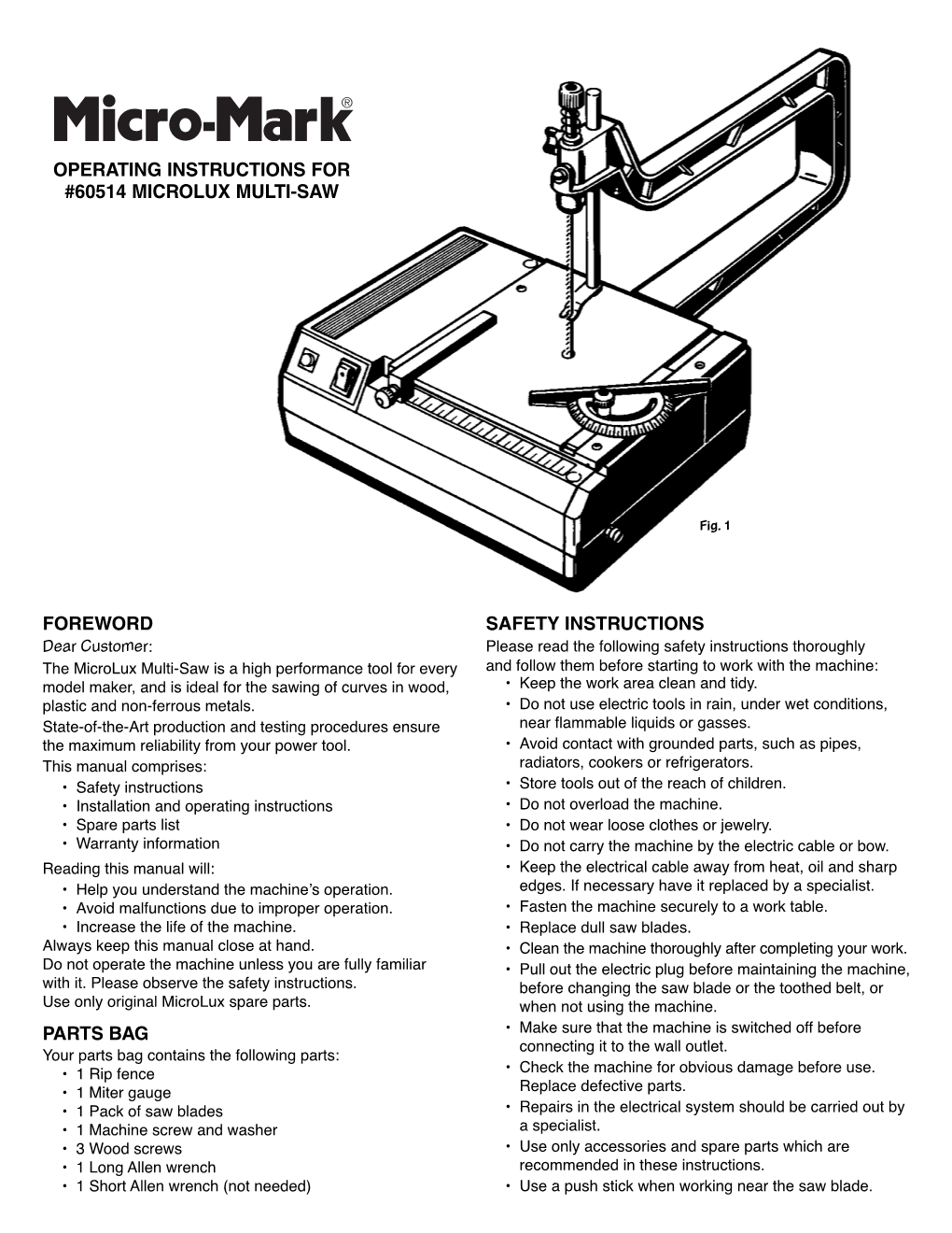 Operating Instructions for #60514 Microlux Multi-Saw