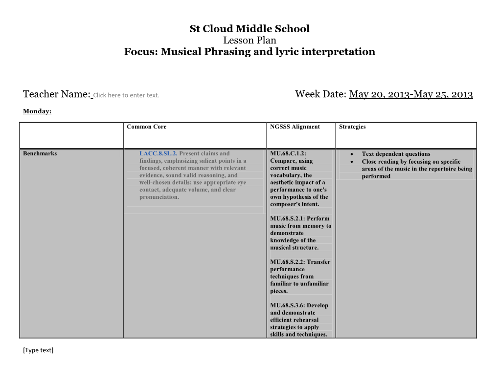 St Cloud Middle School Lesson Plan Focus: Musical Phrasing and Lyric Interpretation