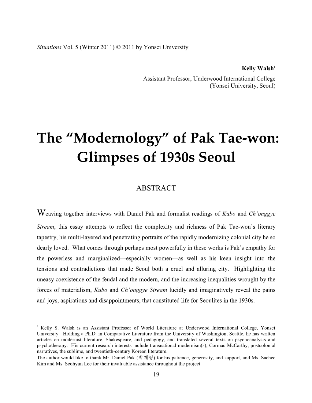 Of Pak Tae-Won: Glimpses of 1930S Seoul