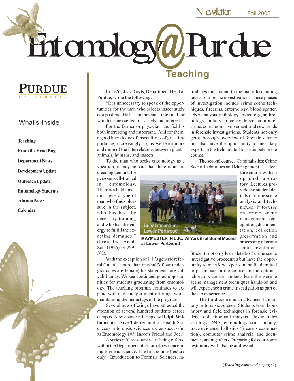 Newsletter Fall 2003 Entomology@@@ Purdue Teaching