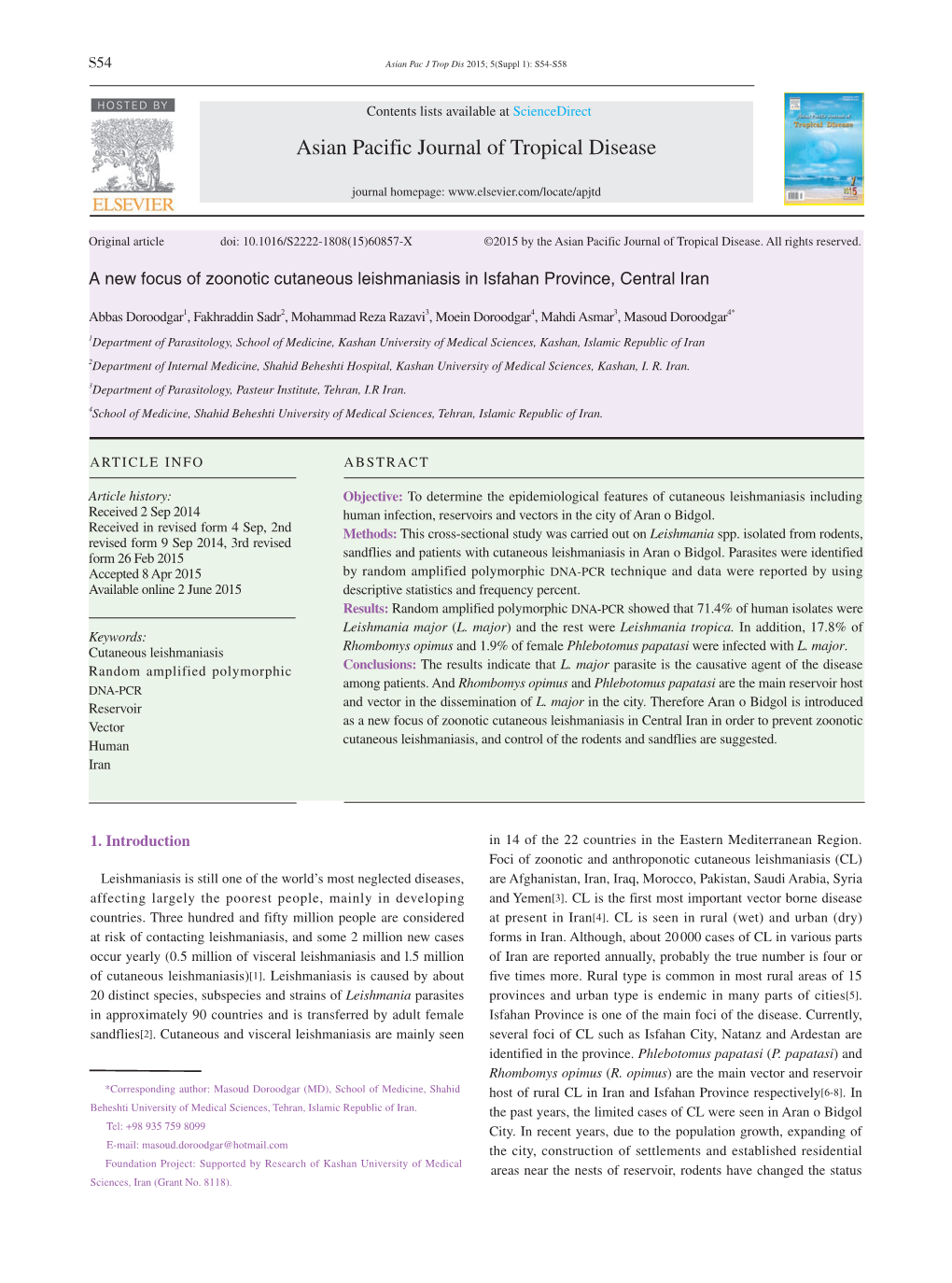 A New Focus of Zoonotic Cutaneous Leishmaniasis in Isfahan Province, Central Iran