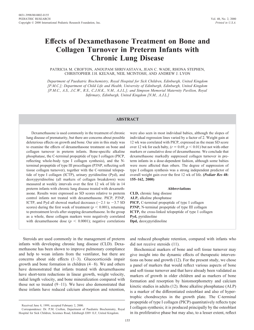 Effects of Dexamethasone Treatment on Bone and Collagen Turnover in Preterm Infants with Chronic Lung Disease