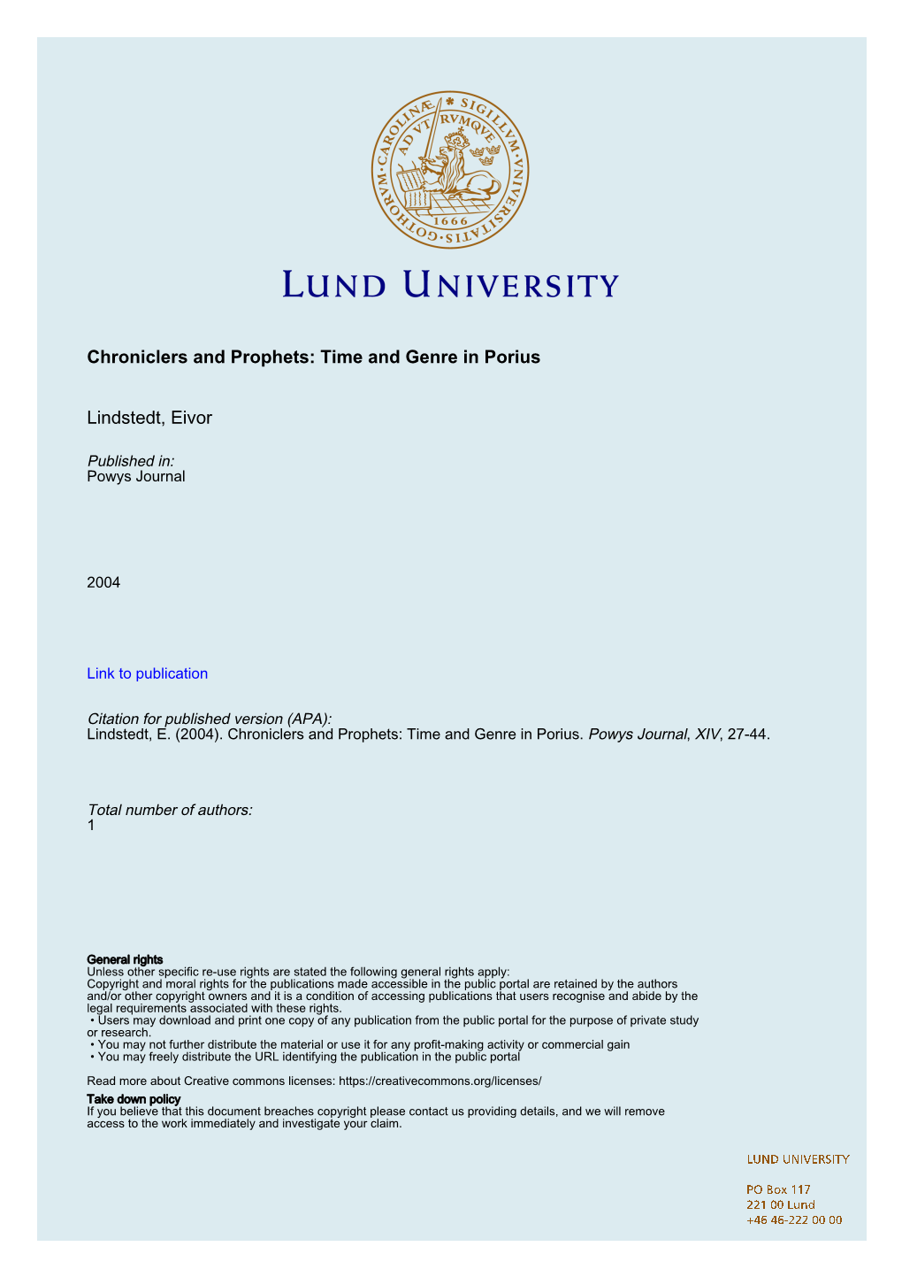 Chroniclers and Prophets: Time and Genre in Porius Lindstedt, Eivor