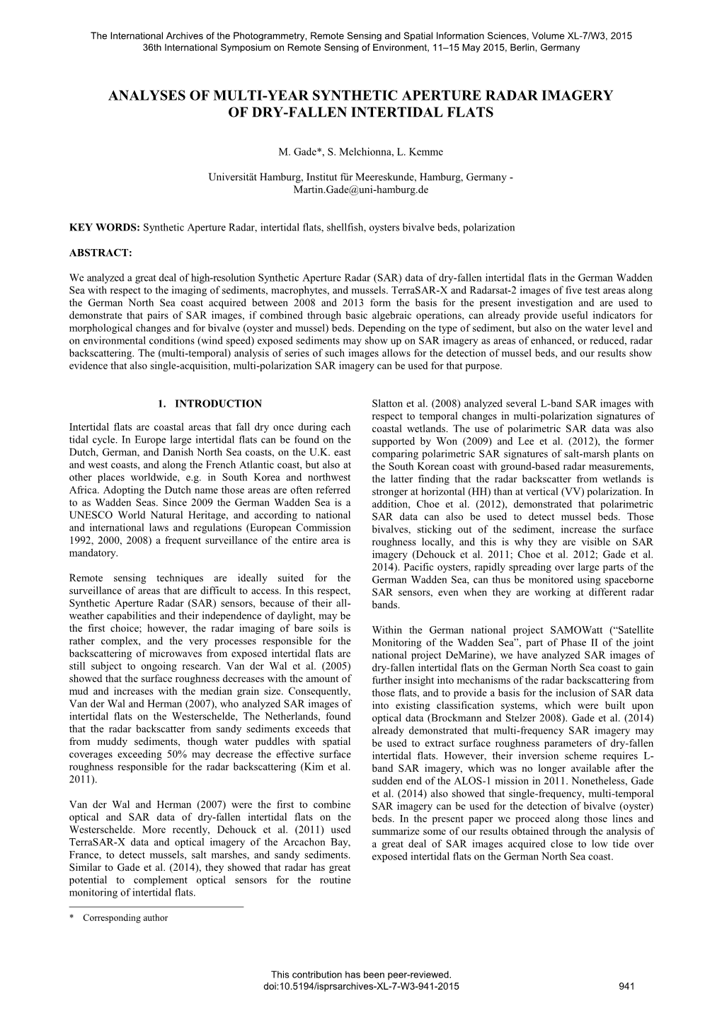 Analyses of Multi-Year Synthetic Aperture Radar Imagery of Dry-Fallen Intertidal Flats