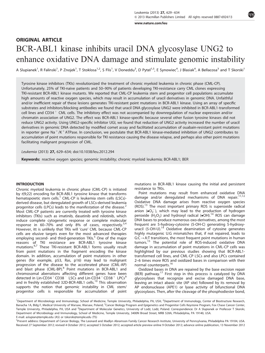 BCR-ABL1 Kinase Inhibits Uracil DNA Glycosylase UNG2 to Enhance Oxidative DNA Damage and Stimulate Genomic Instability