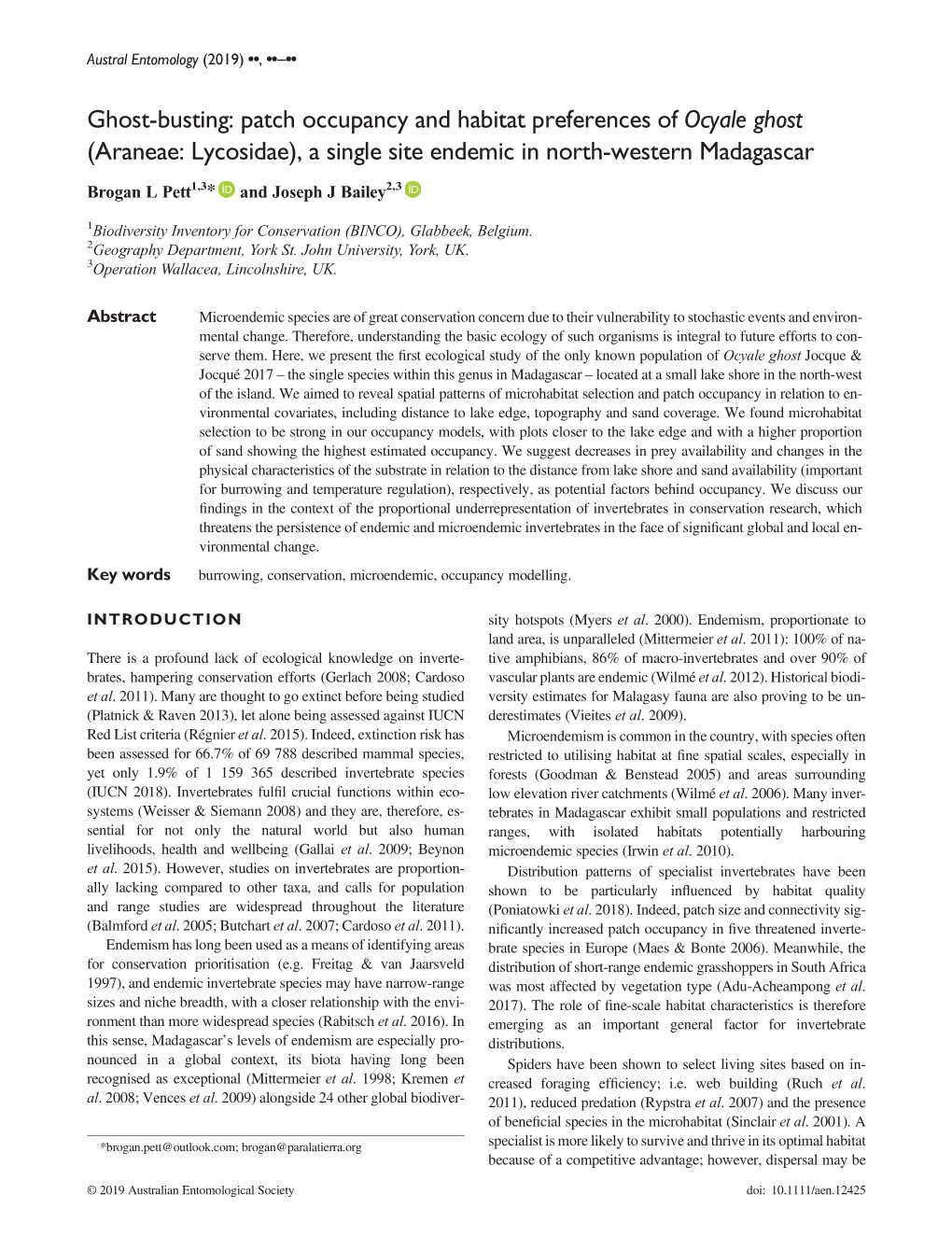 Patch Occupancy and Habitat Preferences of Ocyale Ghost (Araneae: Lycosidae), a Single Site Endemic in North-Western Madagascar