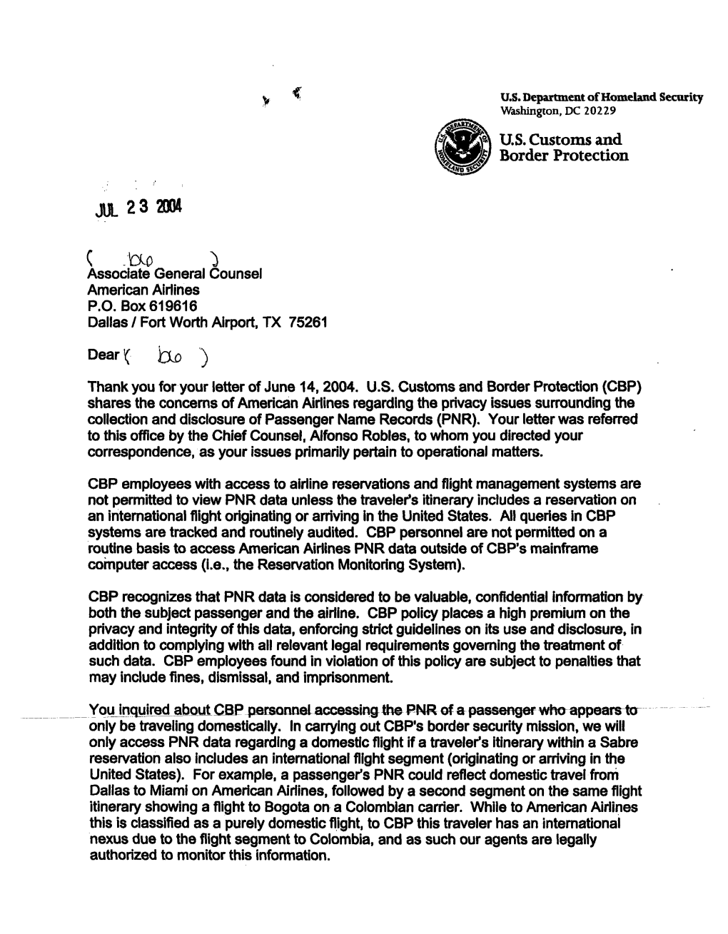 JUL 2 3 2004 U.S. Customs And. Border Protection