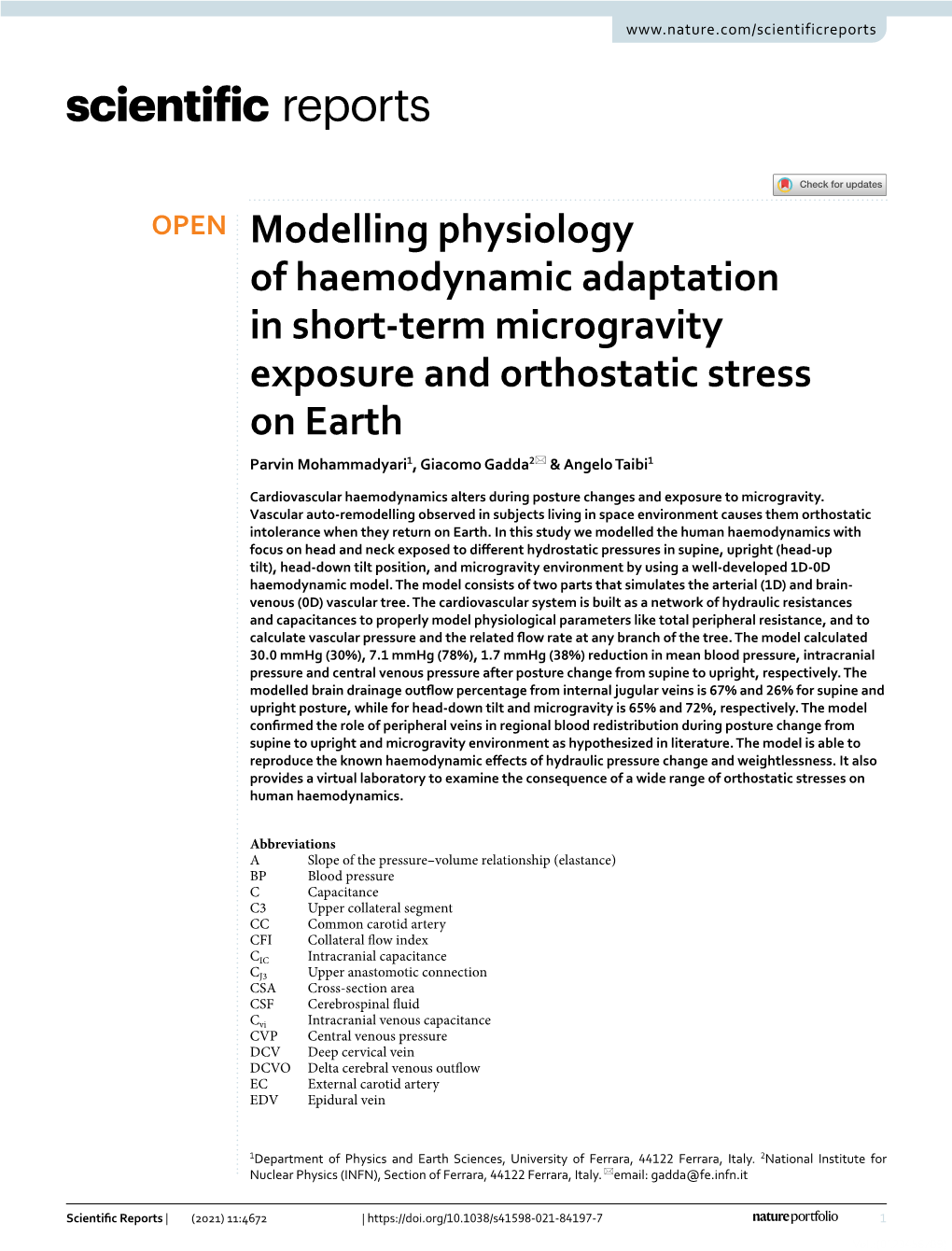 Modelling Physiology of Haemodynamic Adaptation in Short