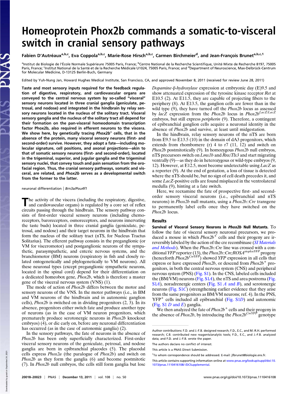 Homeoprotein Phox2b Commands a Somatic-To-Visceral Switch in Cranial Sensory Pathways