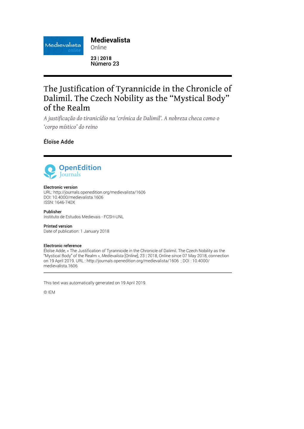 Medievalista, 23 | 2018 the Justification of Tyrannicide in the Chronicle of Dalimil