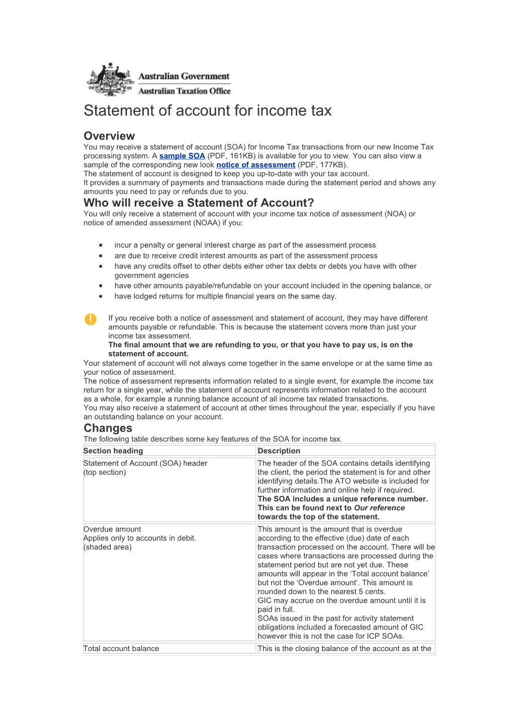 Statement of Account for Income Tax