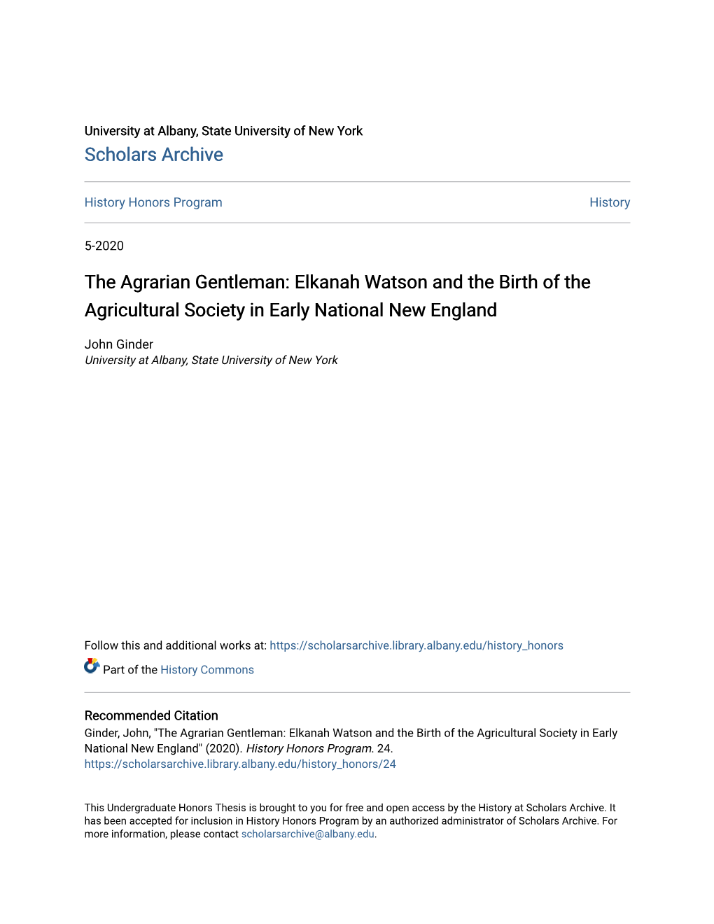 Elkanah Watson and the Birth of the Agricultural Society in Early National New England