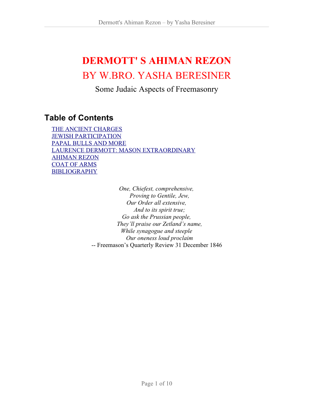 Dermott's Ahiman Rezon – by Yasha Beresiner