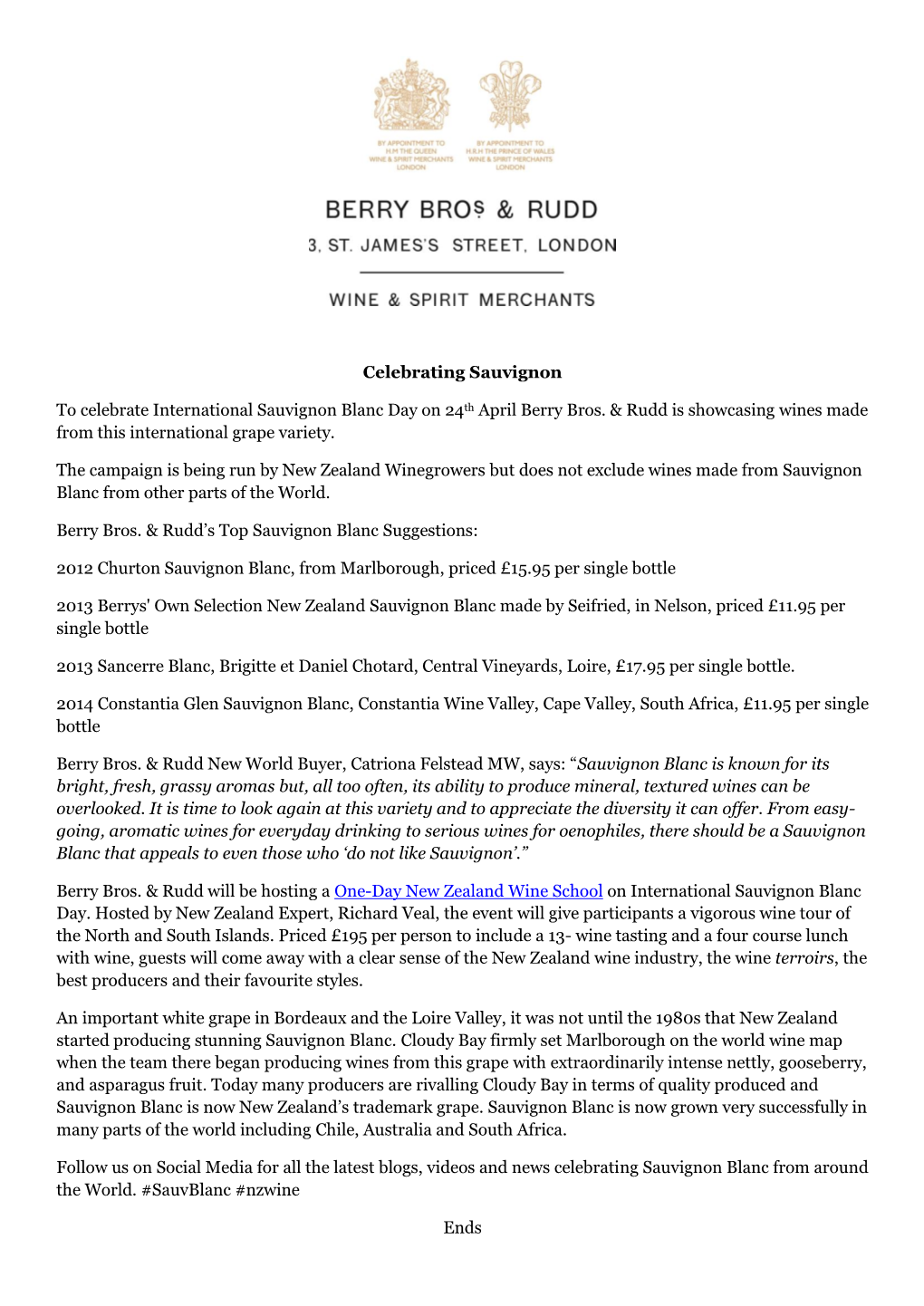 Celebrating Sauvignon to Celebrate International Sauvignon Blanc Day on 24Th April Berry Bros. & Rudd Is Showcasing Wines Ma