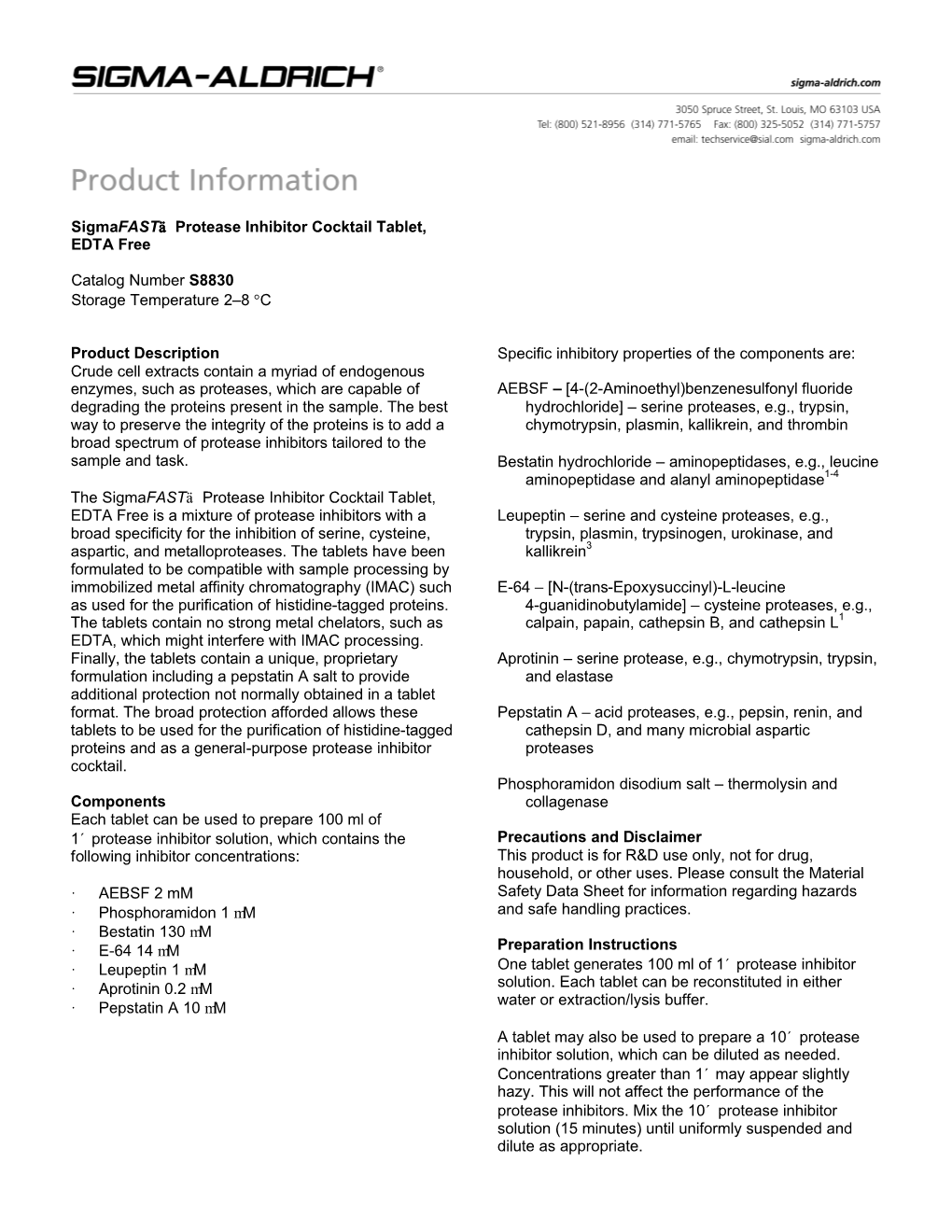 Sigmafast Protease Inhibitor Cocktail Tablet, EDTA Free (S8830)