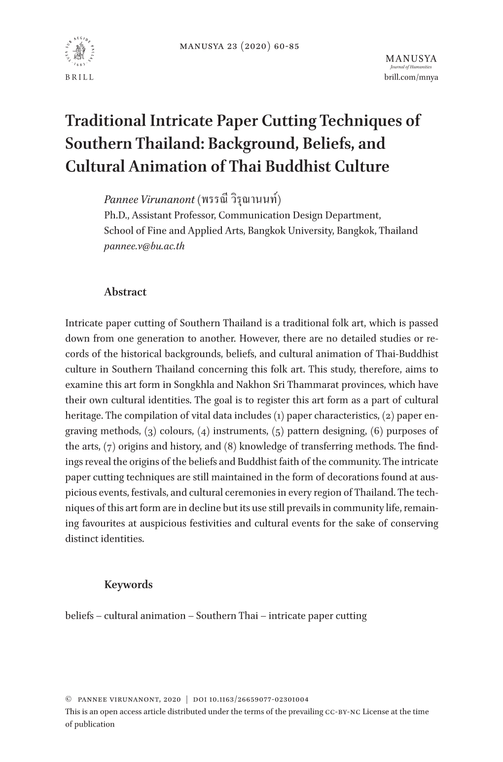 Traditional Intricate Paper Cutting Techniques of Southern Thailand: Background, Beliefs, and Cultural Animation of Thai Buddhist Culture
