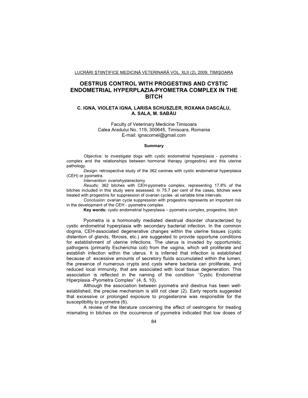 Oestrus Control with Progestins and Cystic Endometrial Hyperplazia-Pyometra Complex in the Bitch