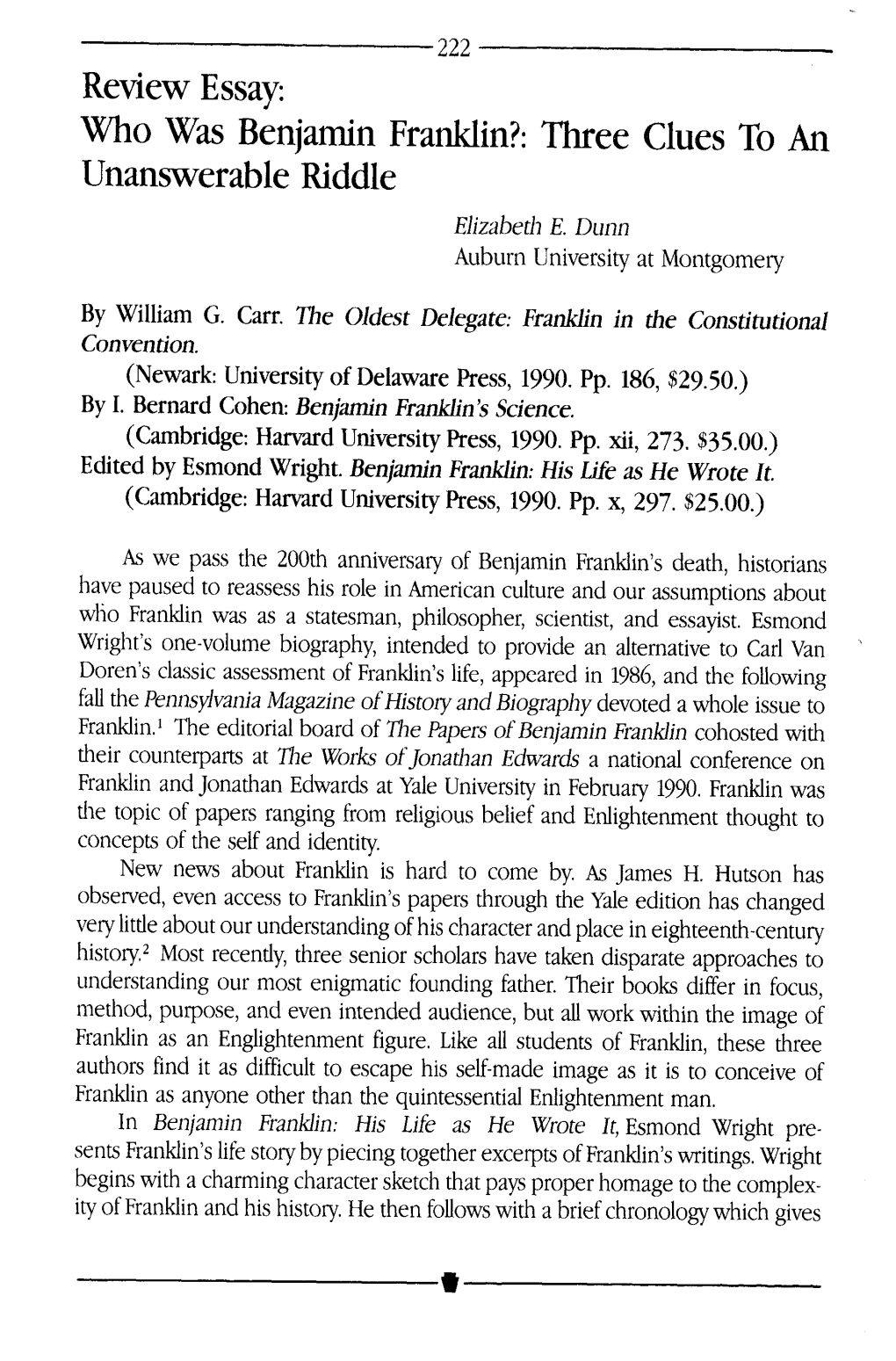 Who Was Benjamin Franklin?: Three Clues to an Unanswerable Riddle Elizabeth E