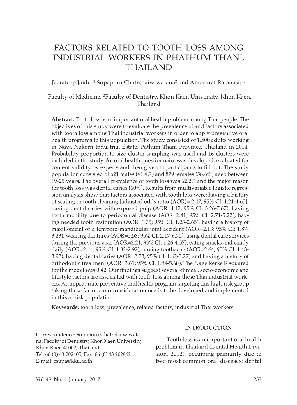 Factors Related to Tooth Loss Among Industrial Workers in Phathum Thani, Thailand