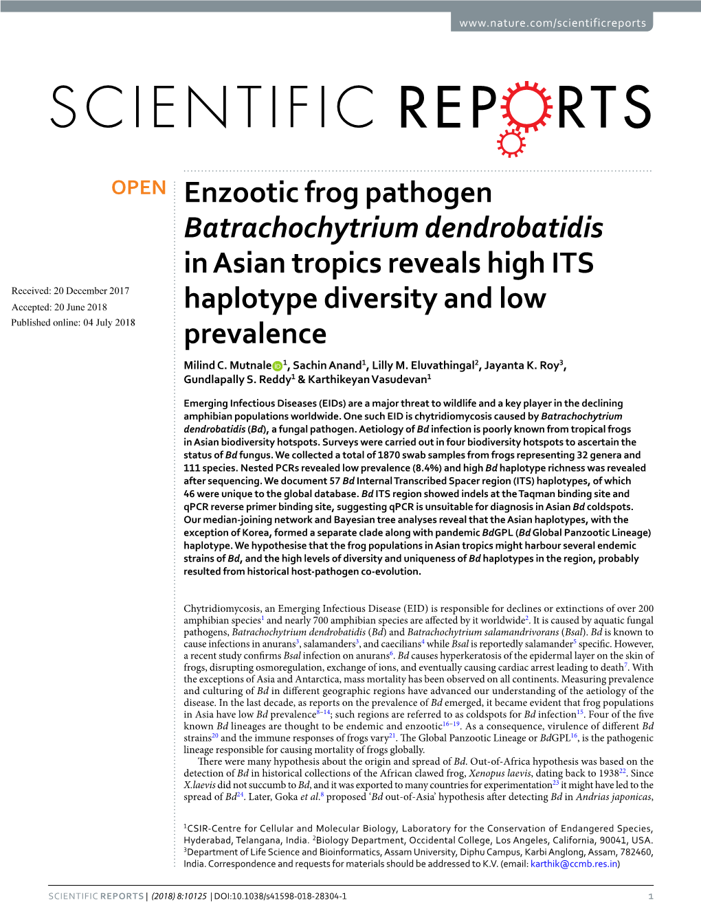Enzootic Frog Pathogen Batrachochytrium Dendrobatidis in Asian Tropics Reveals High ITS Haplotype Diversity and Low Prevalence