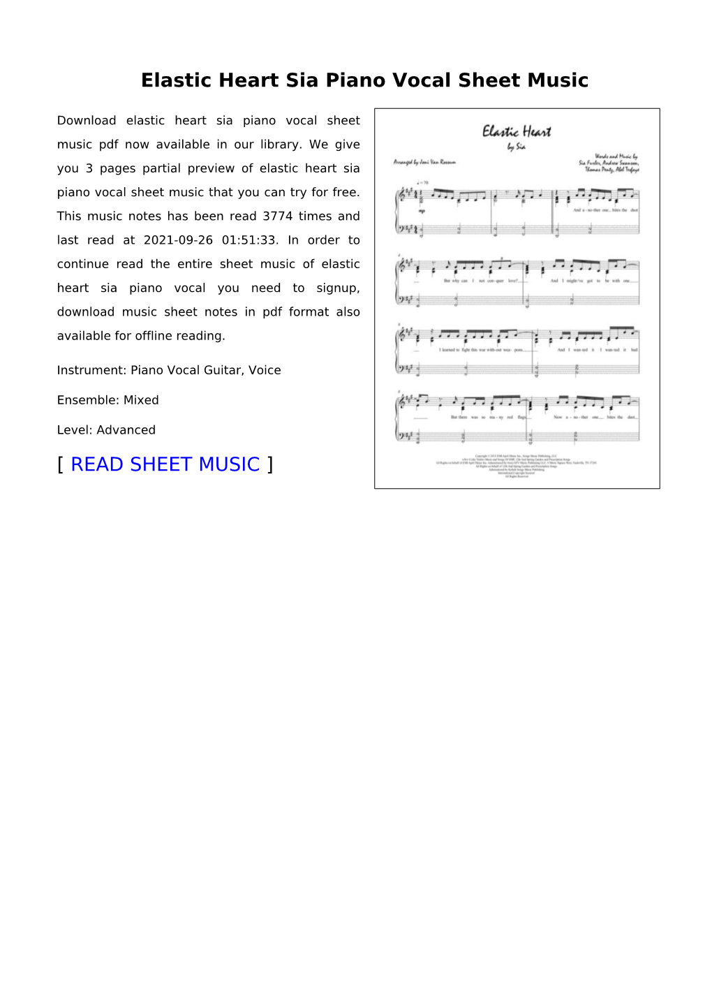 Elastic Heart Sia Piano Vocal Sheet Music