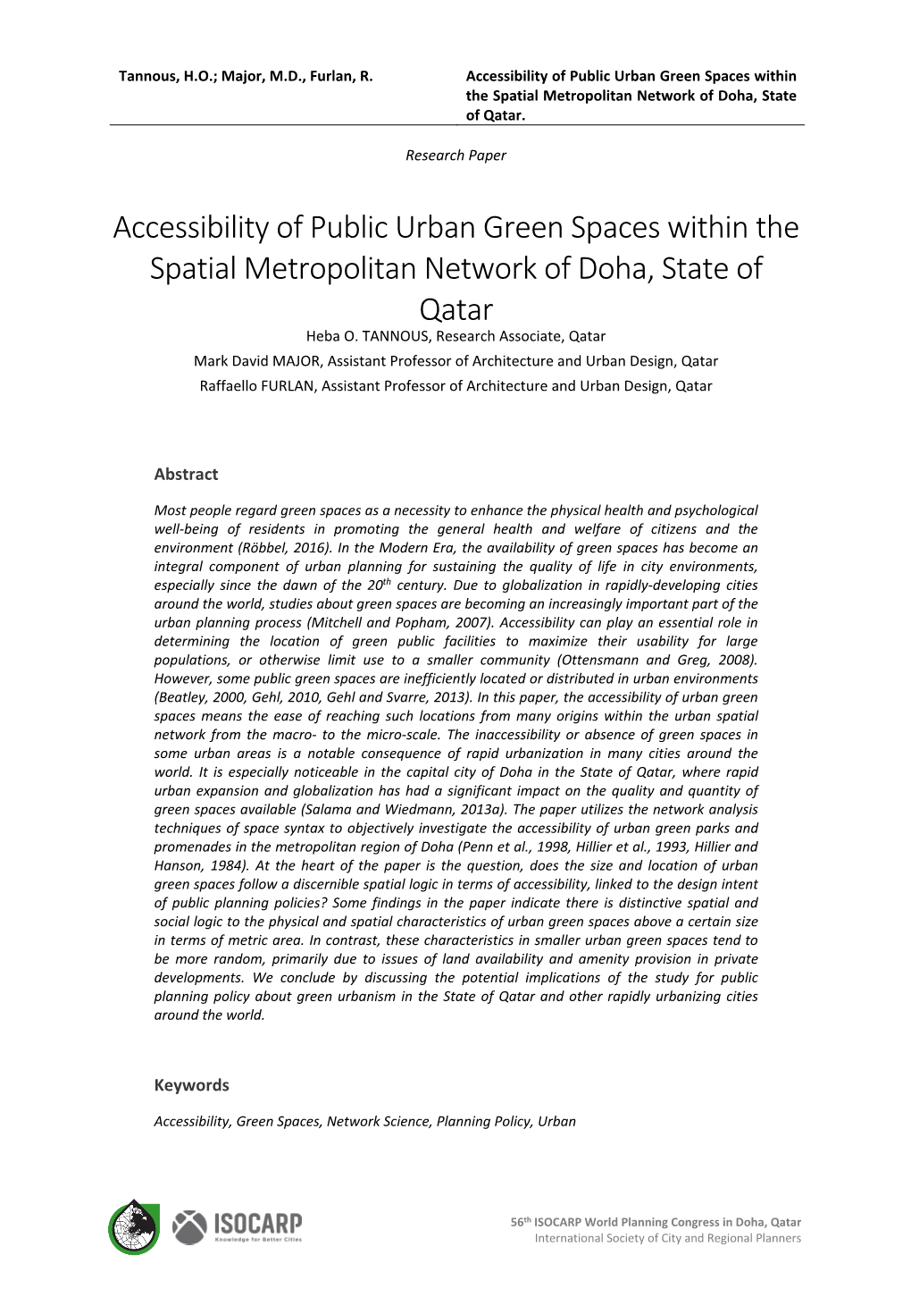 Accessibility of Public Urban Green Spaces Within the Spatial Metropolitan Network of Doha, State of Qatar