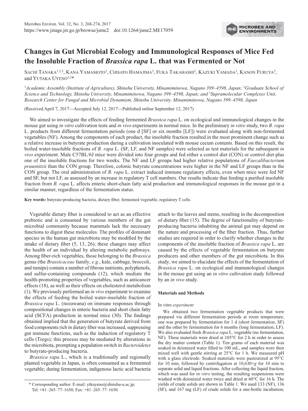 Changes in Gut Microbial Ecology and Immunological Responses of Mice Fed the Insoluble Fraction of Brassica Rapa L