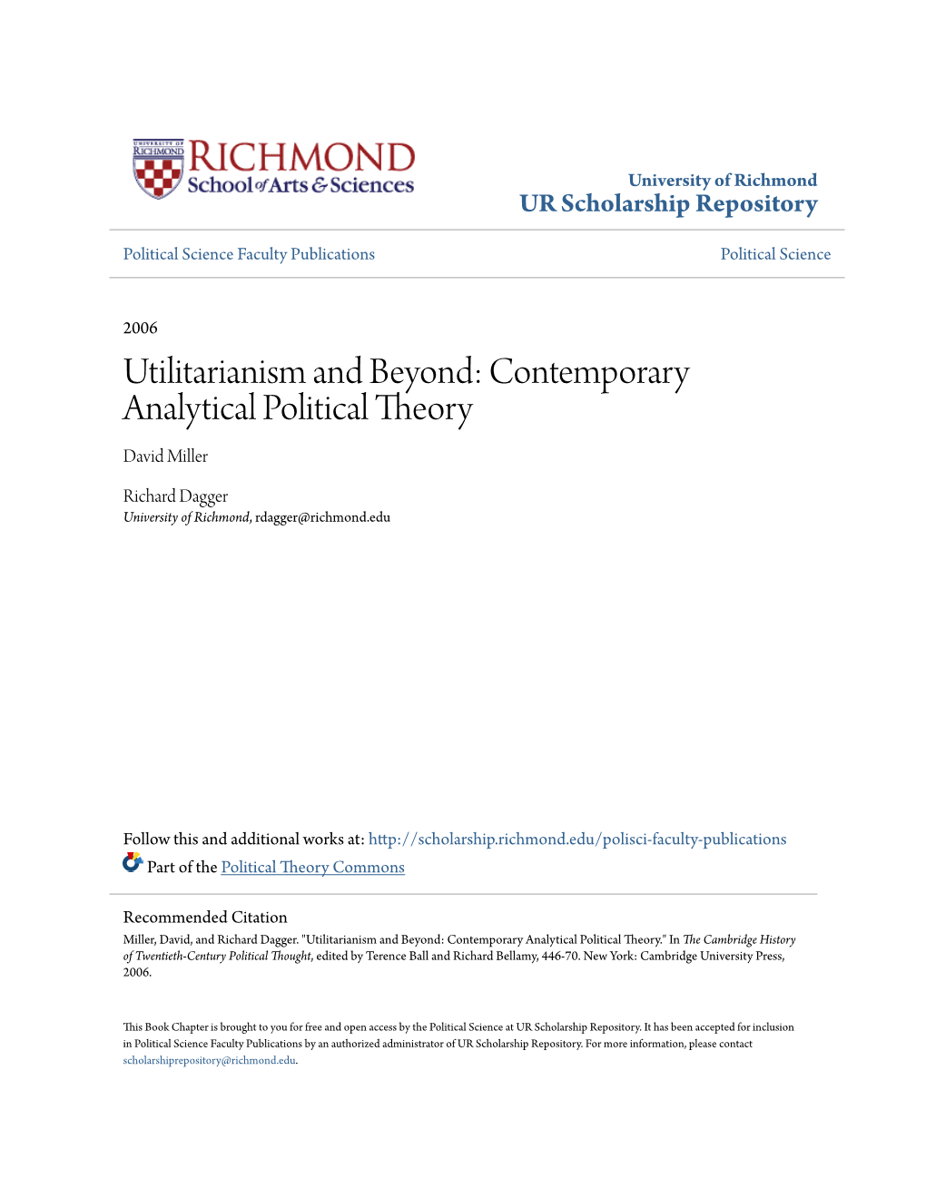 Utilitarianism and Beyond: Contemporary Analytical Political Theory David Miller