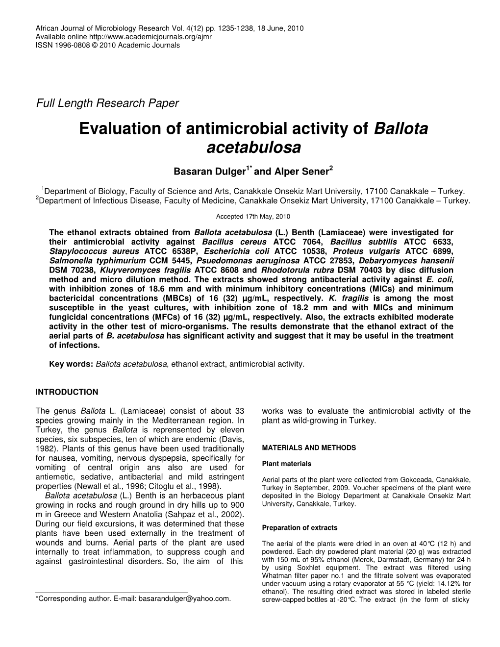 Evaluation of Antimicrobial Activity of Ballota Acetabulosa