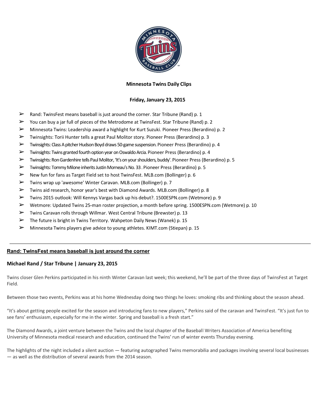 Minnesota Twins Daily Clips Friday, January 23, 2015