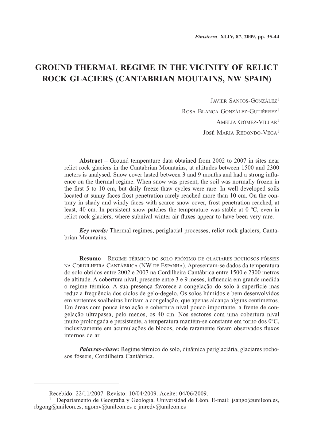 Ground Thermal Regime in the Vicinity of Relict Rock Glaciers (Cantabrian Moutains, Nw Spain)