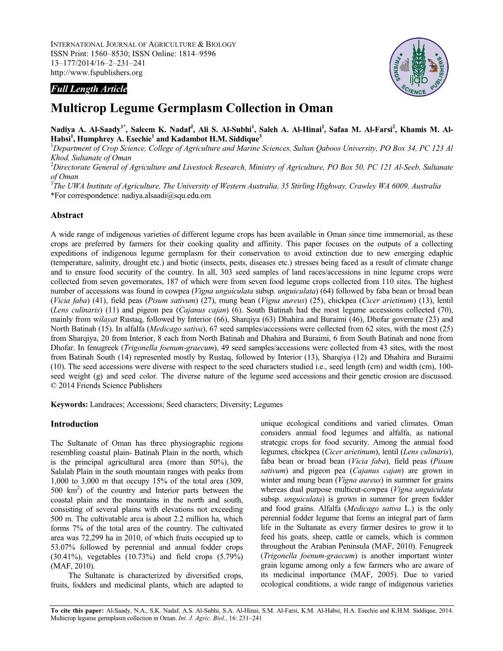 Multicrop Legume Germplasm Collection in Oman