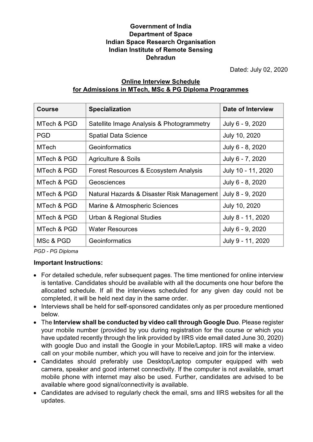 Revised Interview Schedule for Admissions in Mtech, Msc & PG Diploma Courses