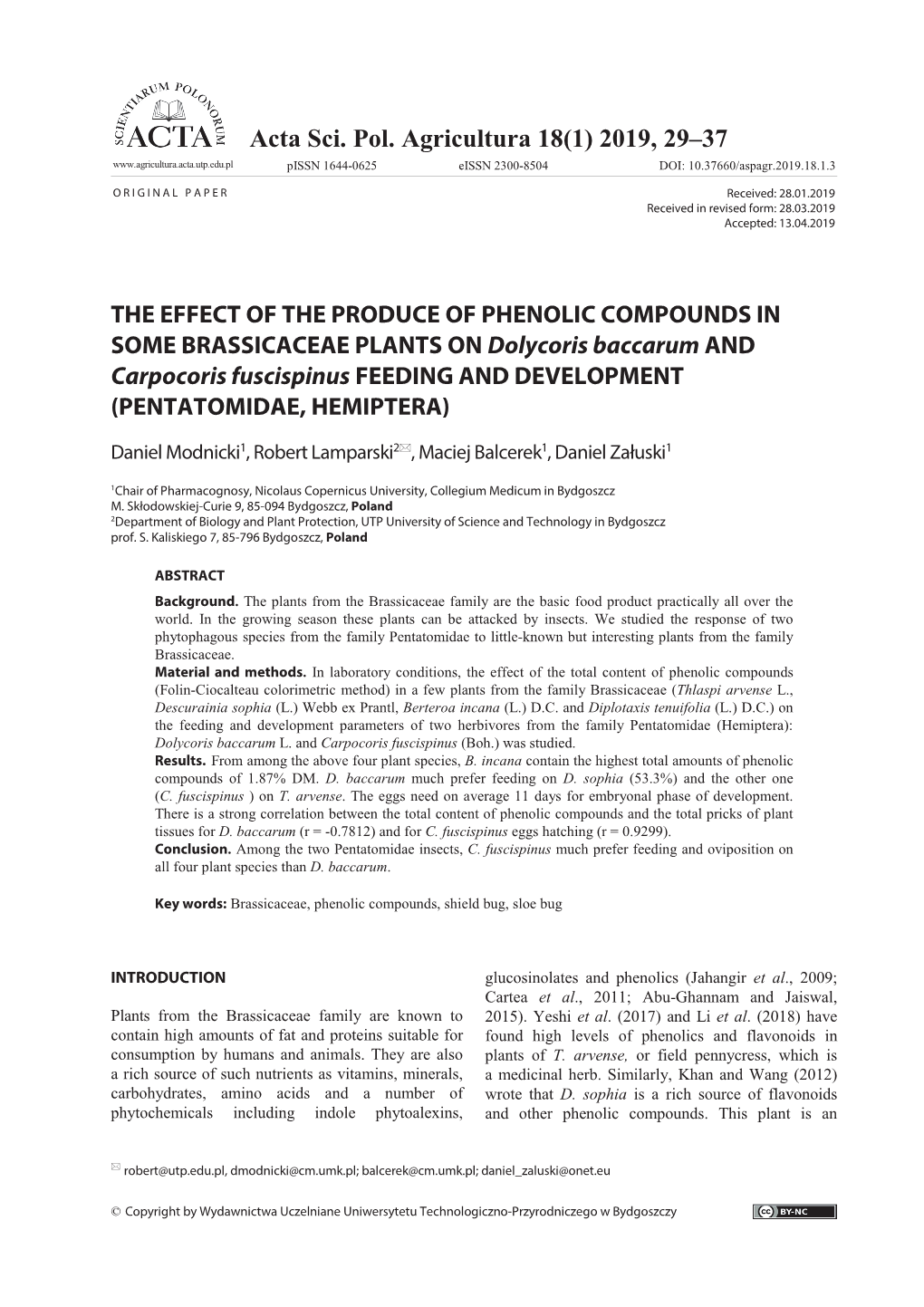 Acta Sci. Pol. Agricultura 18(1) 2019, 29–37 Pissn 1644-0625 Eissn 2300-8504 DOI: 10.37660/Aspagr.2019.18.1.3