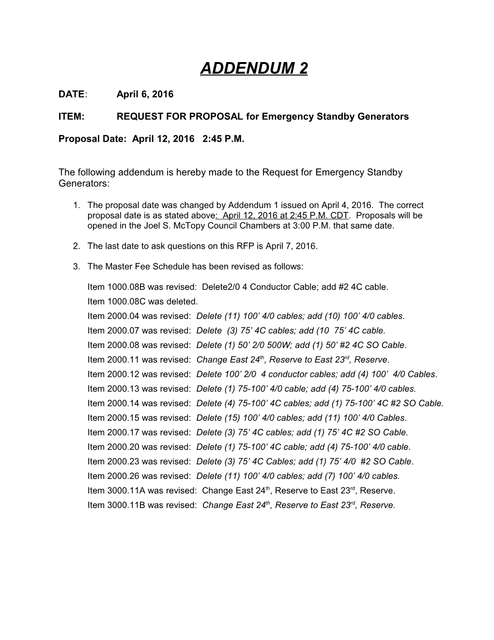 ITEM: REQUEST for PROPOSAL for Emergency Standby Generators