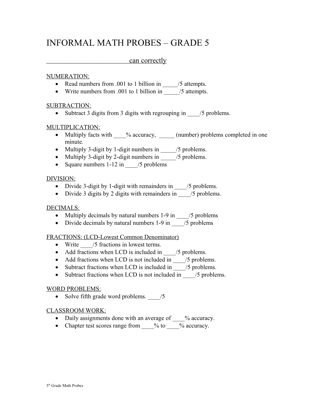 Informal Math Probes – Grade 4