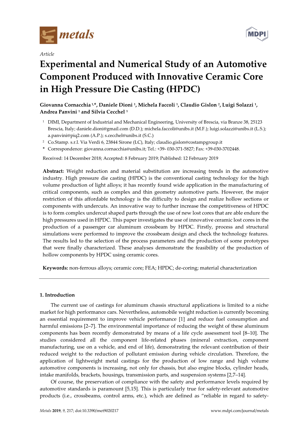 Experimental and Numerical Study of an Automotive Component Produced with Innovative Ceramic Core in High Pressure Die Casting (HPDC)