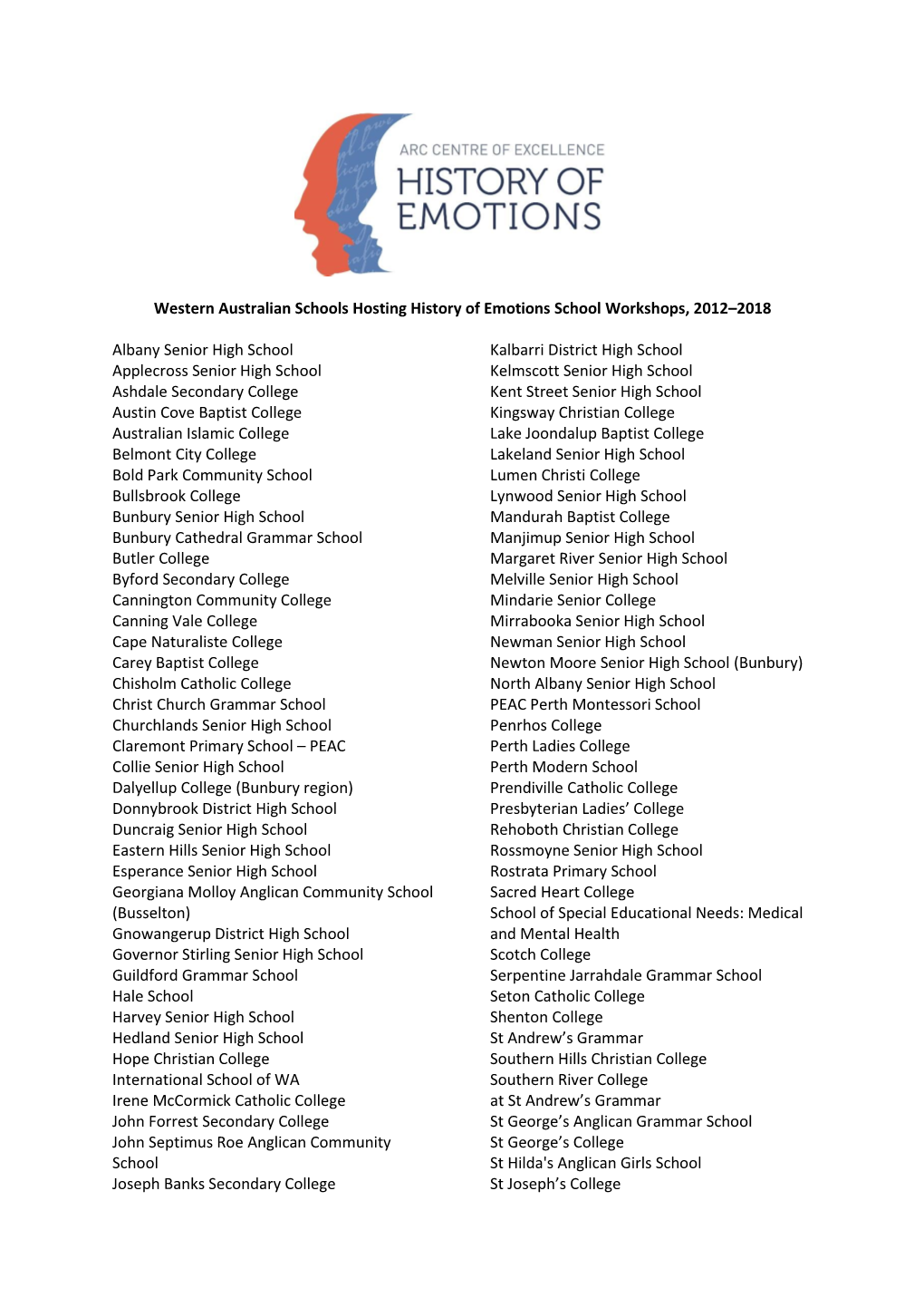 Western Australian Schools Hosting History of Emotions School Workshops, 2012–2018 Albany Senior High School Applecross Senio