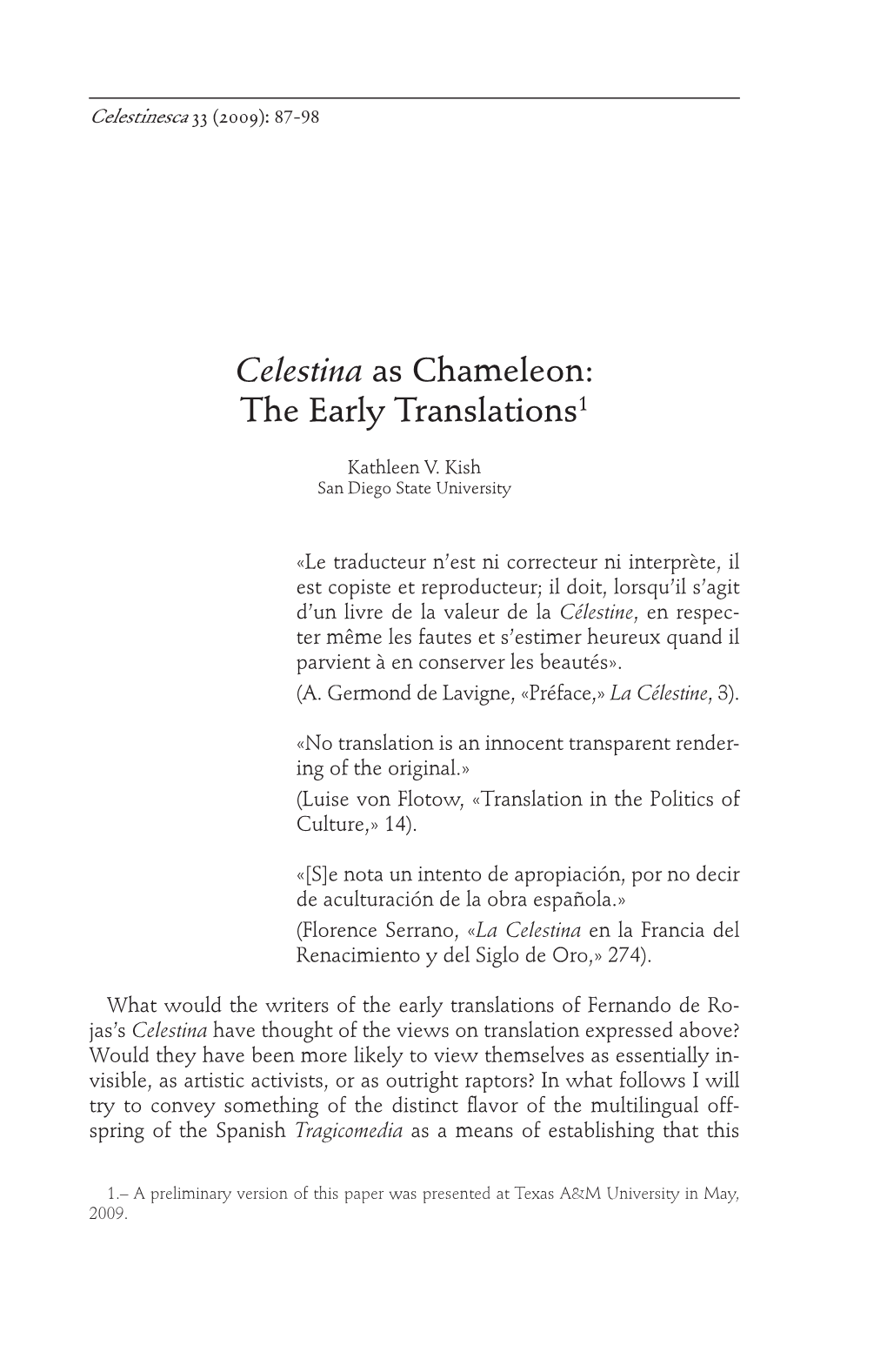 Celestina As Chameleon: the Early Translations1